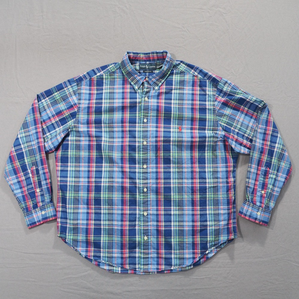 Ralph Lauren Shirt Big Men 2XB Classic Fit Madras Plaid Long Sleeve Button Down